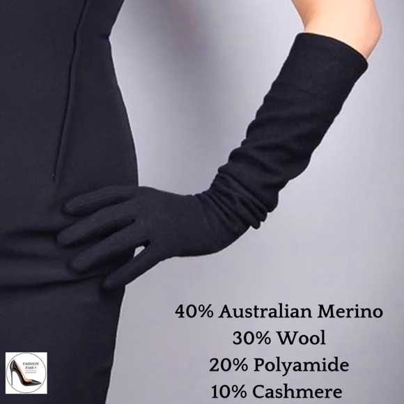 Luxury Long Cashmere Merino Wool Gloves Classic Black Driving Winter Warm Gloves - Picture 5 of 8